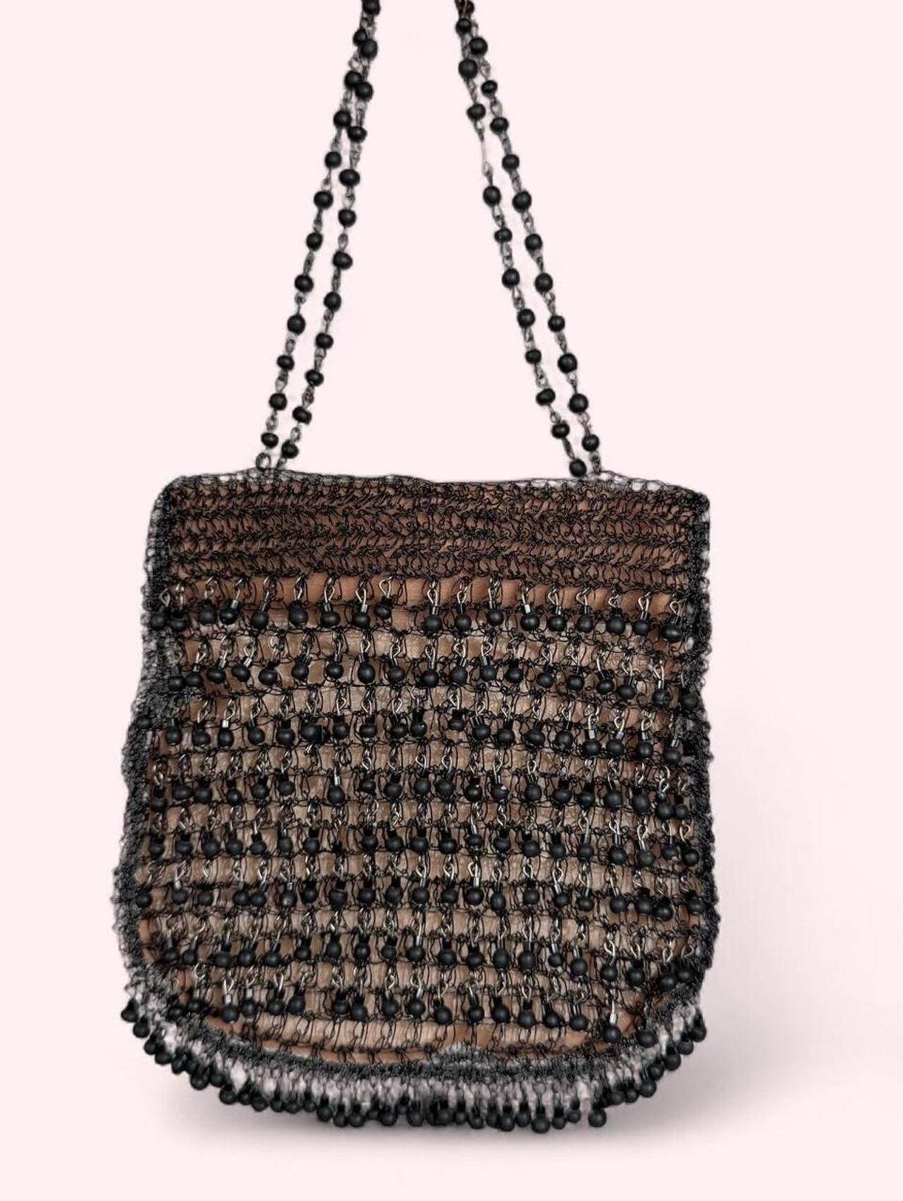 Vintage Black Beaded Mini Bag With Beaded Handle And Fringe